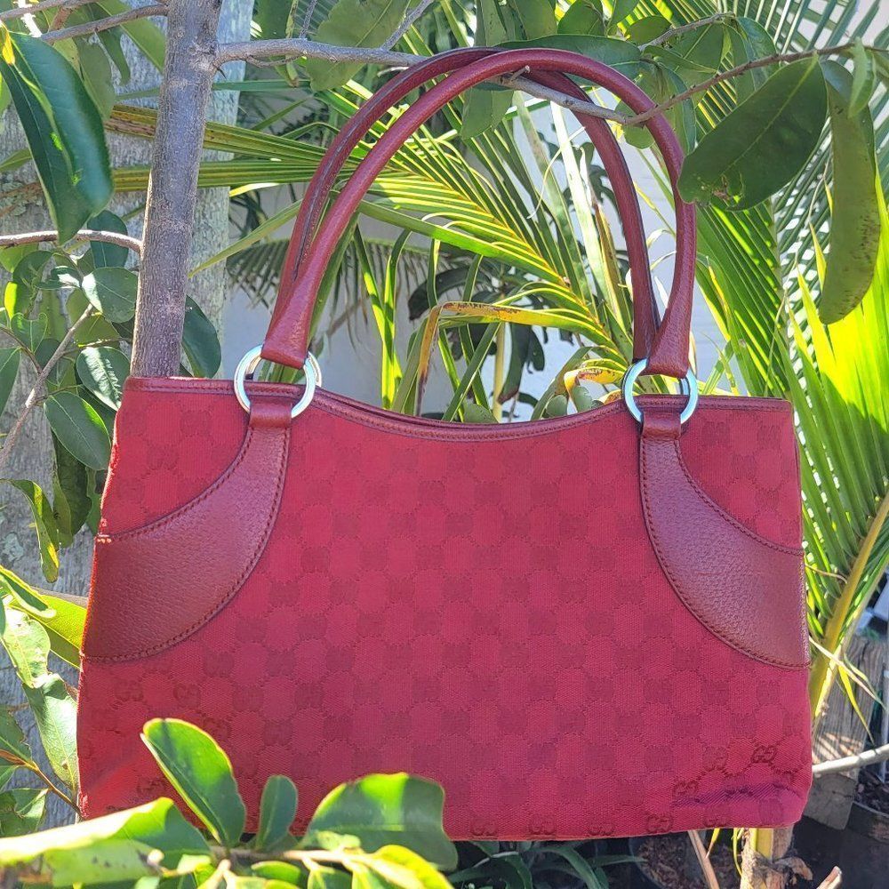Gucci Jacquard Tote-Red Canvas-Monogrammed Canvas-Red Leather-Ruthenium